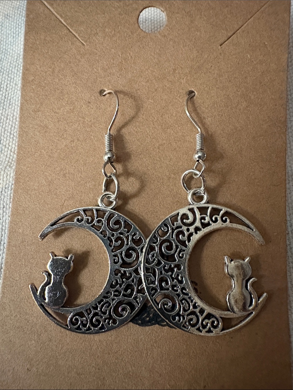 Silver Cat and Crescent Moon Dangle Earrings - Women's Accessories